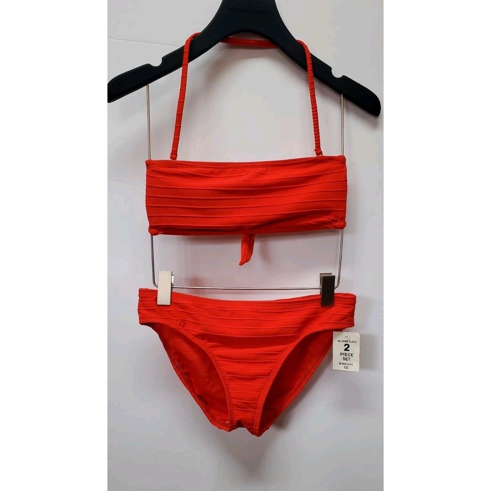 Vintage Klein Ribbed Bandeau Bikini Set Red Strapless High Leg Size 10 NWT Chic